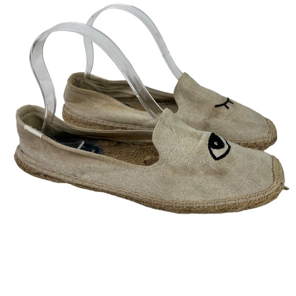 SOLUDOS Espadrille Canvas Beige Wink Winking Eye Flats Slip On Loafers Shoes 8.5 - Picture 1 of 16